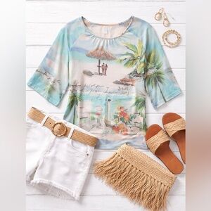 Chico’s Tropical Beach Scene Sheer Blouse (Size 3 / XL)
